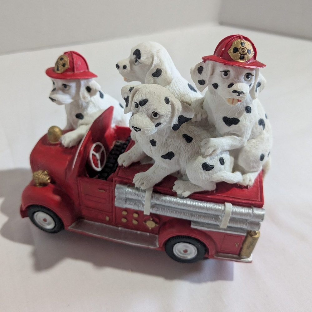 Vtg Firetruck With Dalmation Dogs Music Box "On the Road Again" Tested Works